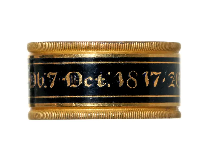Rings Bell Bird Antiques Georgian Era Wide Gold and Black Enamel Mourning Ring Circa 1817 Rings Bell Bird Antiques Georgian Era Wide Gold and Black Enamel Mourning Ring Circa 1817