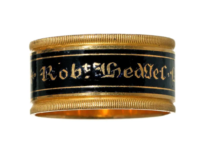 Rings Bell Bird Antiques Georgian Era Wide Gold and Black Enamel Mourning Ring Circa 1817