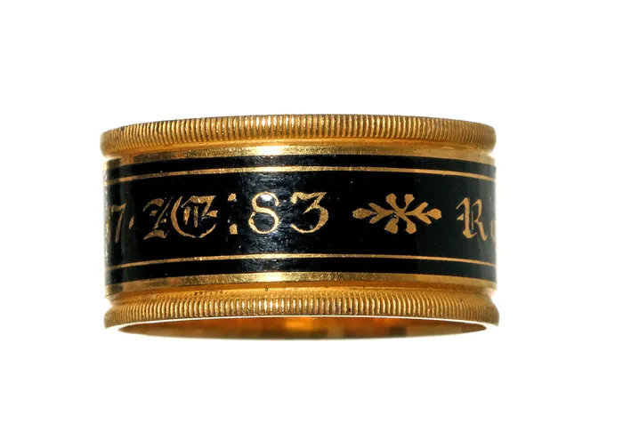 Rings Bell Bird Antiques Georgian Era Wide Gold and Black Enamel Mourning Ring Circa 1817