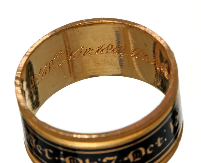 Rings Bell Bird Antiques Georgian Era Wide Gold and Black Enamel Mourning Ring Circa 1817