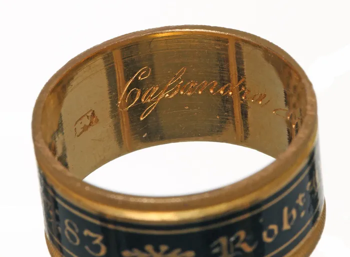 Rings Bell Bird Antiques Georgian Era Wide Gold and Black Enamel Mourning Ring Circa 1817