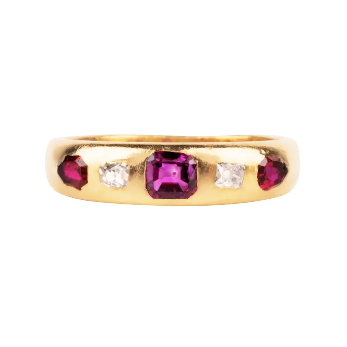 Rings Bell Bird Antiques Victorian Era Ruby and Diamond Five Stone Ring