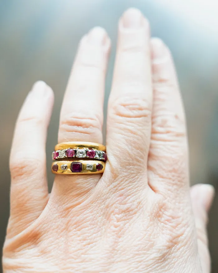 Rings Bell Bird Antiques Victorian Era Ruby and Diamond Five Stone Ring