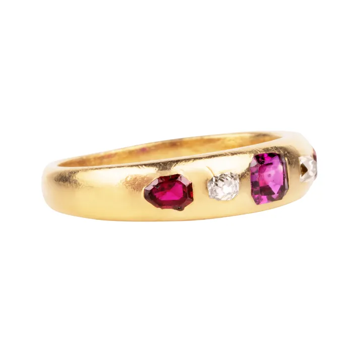 Rings Bell Bird Antiques Victorian Era Ruby and Diamond Five Stone Ring