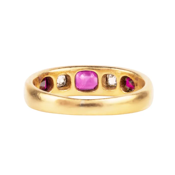 Rings Bell Bird Antiques Victorian Era Ruby and Diamond Five Stone Ring