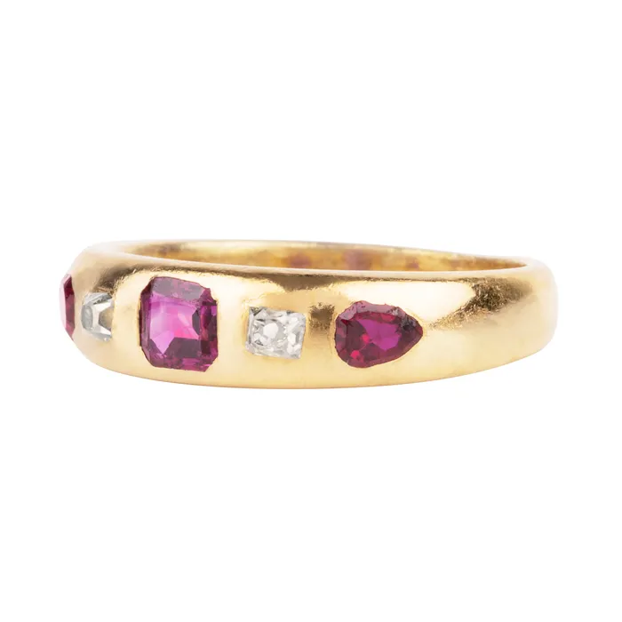 Rings Bell Bird Antiques Victorian Era Ruby and Diamond Five Stone Ring