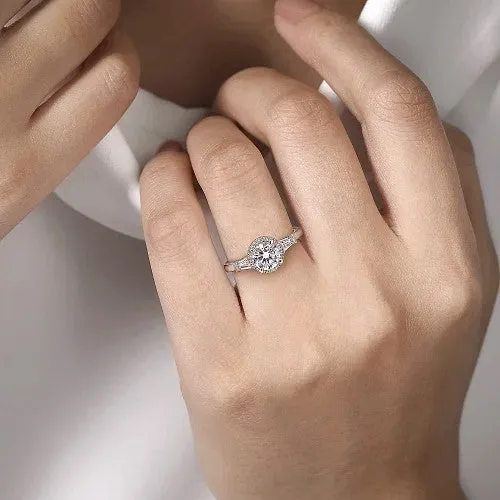 Rings GABRIEL CO Elinor 14K White Gold Round Three Stone Halo Diamond Engagement Ring Setting Only Rings GABRIEL CO Elinor 14K White Gold Round Three Stone Halo Diamond Engagement Ring Setting Only