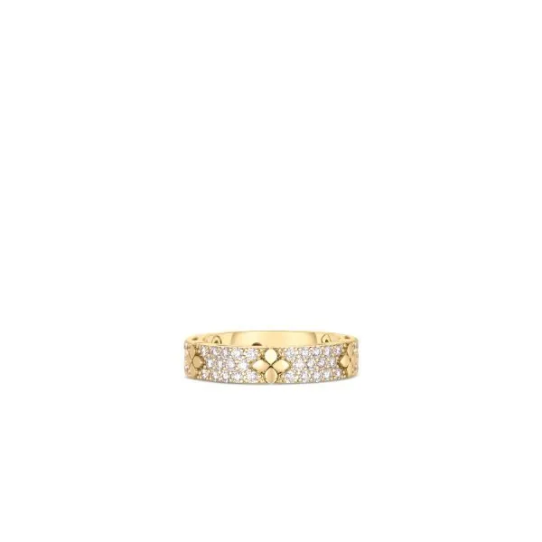 Rings ROBERTO COIN 18K YELLOW GOLD LOVE IN VERONA PAVE DIAMOND POLISHED FLOWER NARROW RING