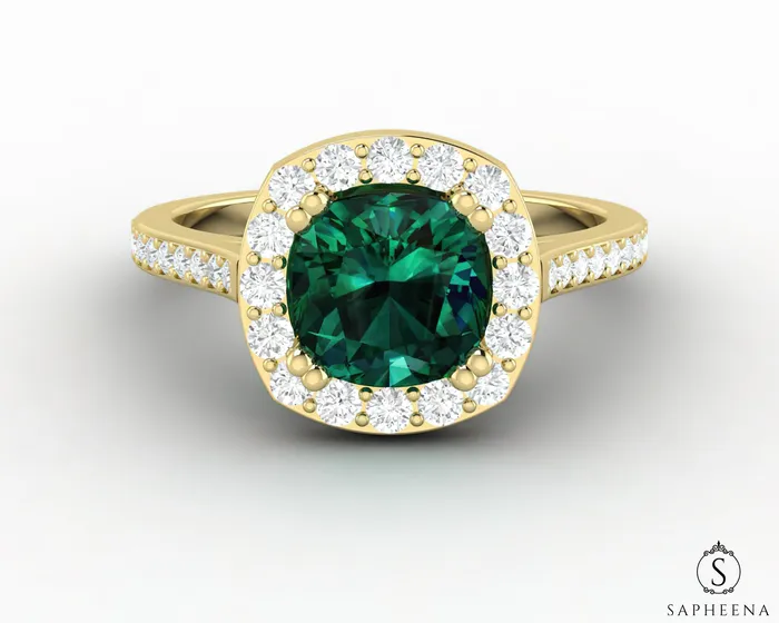 Rings Sapheena Jewelry Aureola 15 Ct Cushion Cut Halo Green Emerald Engagement Ring with Side Stones Rings Sapheena Jewelry Aureola 15 Ct Cushion Cut Halo Green Emerald Engagement Ring with Side Stones