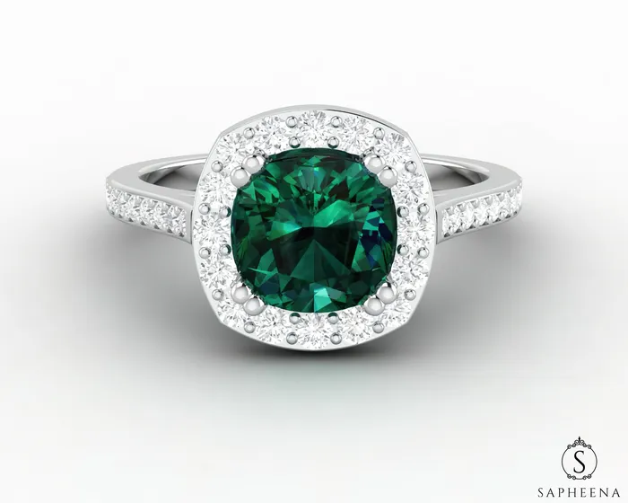 Rings Sapheena Jewelry Aureola 15 Ct Cushion Cut Halo Green Emerald Engagement Ring with Side Stones