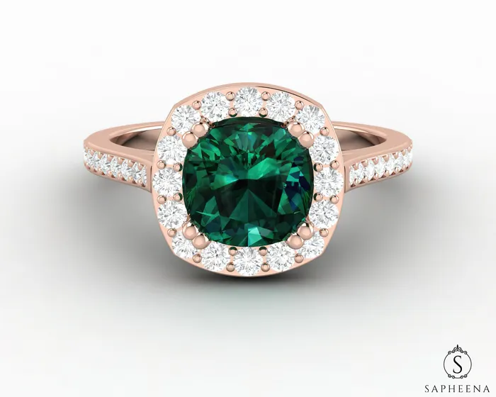 Rings Sapheena Jewelry Aureola 15 Ct Cushion Cut Halo Green Emerald Engagement Ring with Side Stones