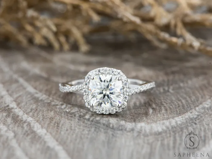 Rings Sapheena Jewelry Demi 15 Ct Cushion Cut Halo Engagement Ring with Side Stones