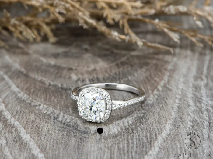 Rings Sapheena Jewelry Demi 15 Ct Cushion Cut Halo Engagement Ring with Side Stones