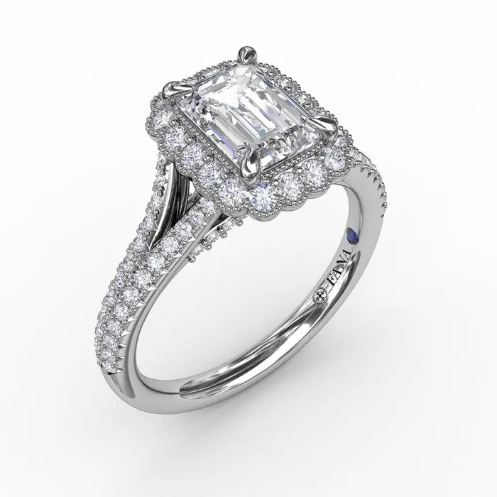 Rings Vintage Emerald Cut Diamond Halo Engagement Ring With Split Shank FANA Rings Vintage Emerald Cut Diamond Halo Engagement Ring With Split Shank FANA