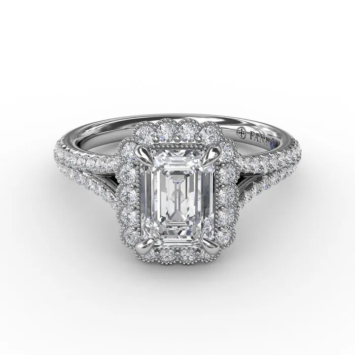 Rings Vintage Emerald Cut Diamond Halo Engagement Ring With Split Shank FANA Rings Vintage Emerald Cut Diamond Halo Engagement Ring With Split Shank FANA