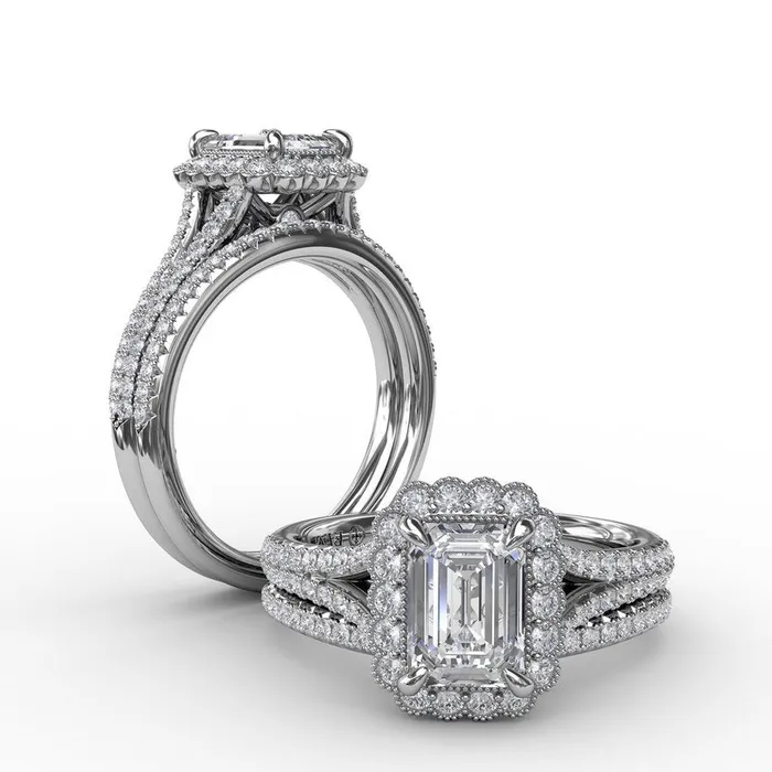 Rings Vintage Emerald Cut Diamond Halo Engagement Ring With Split Shank FANA Rings Vintage Emerald Cut Diamond Halo Engagement Ring With Split Shank FANA