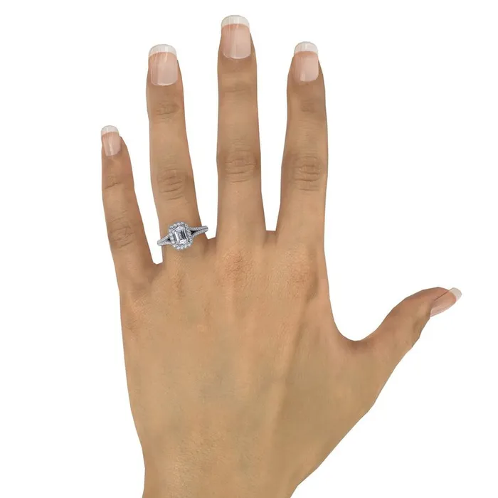 Rings Vintage Emerald Cut Diamond Halo Engagement Ring With Split Shank FANA Rings Vintage Emerald Cut Diamond Halo Engagement Ring With Split Shank FANA