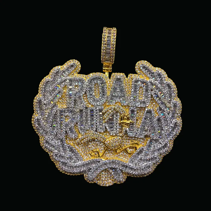 Road Runna Necklaces Road Runna Two Tone Badge Iced Out Letter Diamond Pendant Necklace Road Runna Necklaces Road Runna Two Tone Badge Iced Out Letter Diamond Pendant Necklace