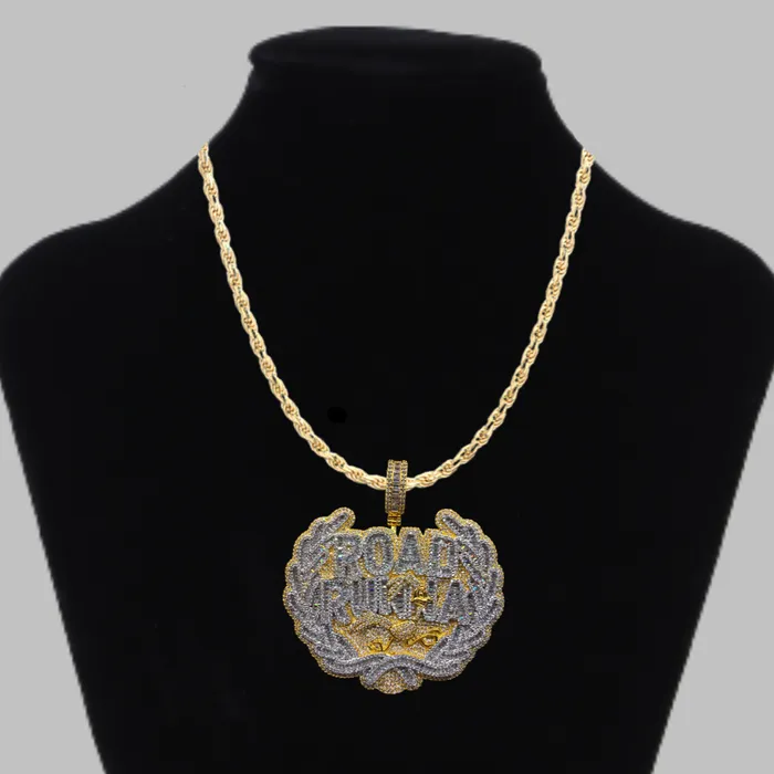 Road Runna Necklaces Road Runna Two Tone Badge Iced Out Letter Diamond Pendant Necklace