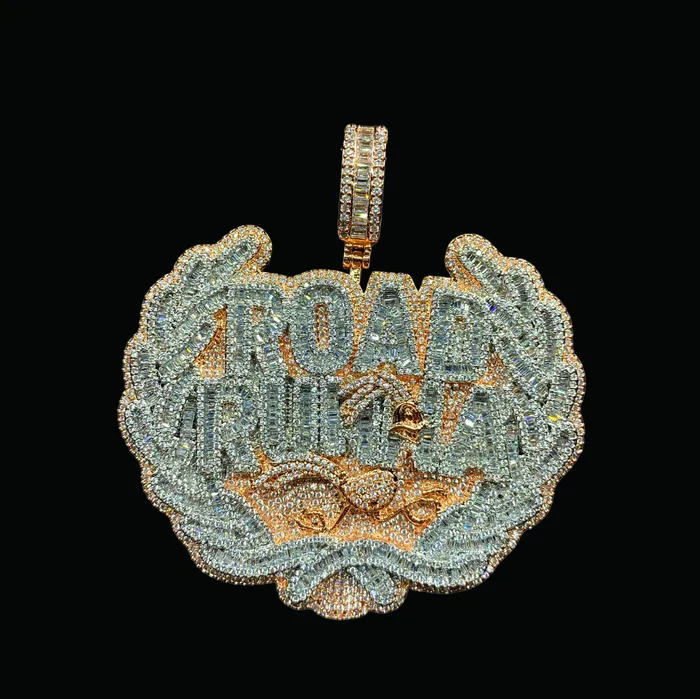 Road Runna Necklaces Road Runna Two Tone Badge Iced Out Letter Diamond Pendant Necklace