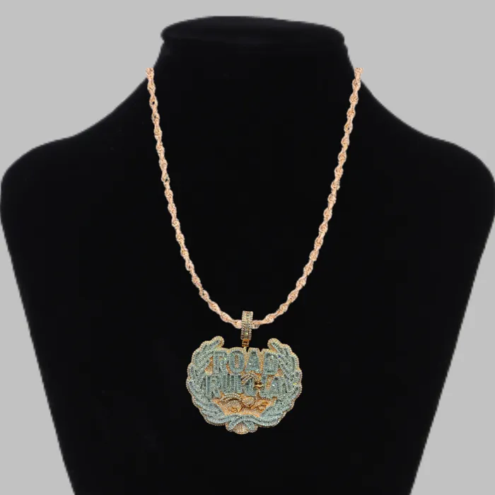 Road Runna Necklaces Road Runna Two Tone Badge Iced Out Letter Diamond Pendant Necklace