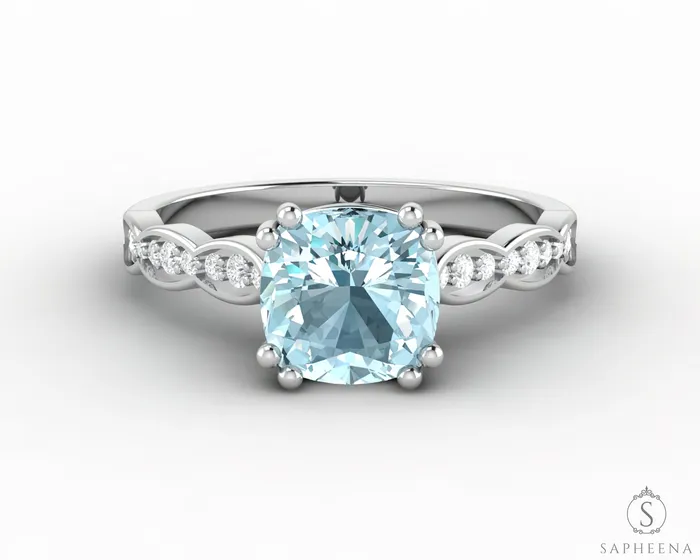Sapheena Jewelry Celeste 15 Ct Solitaire Cushion Cut Natural Aquamarine Engagement Ring With Side Stones Rings Sapheena Jewelry Celeste 15 Ct Solitaire Cushion Cut Natural Aquamarine Engagement Ring With Side Stones Rings