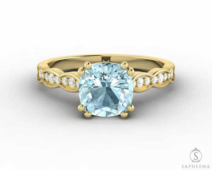 Sapheena Jewelry Celeste 15 Ct Solitaire Cushion Cut Natural Aquamarine Engagement Ring With Side Stones Rings