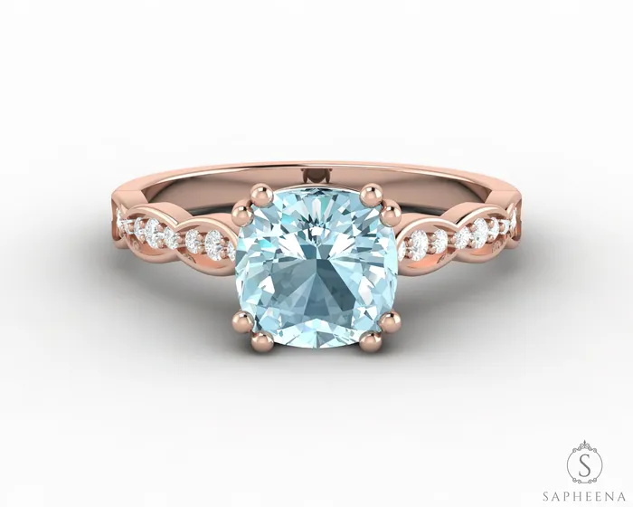 Sapheena Jewelry Celeste 15 Ct Solitaire Cushion Cut Natural Aquamarine Engagement Ring With Side Stones Rings