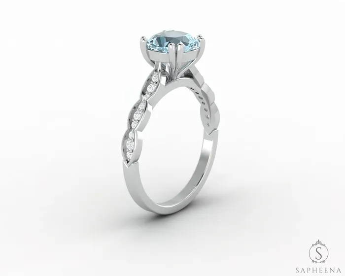 Sapheena Jewelry Celeste 15 Ct Solitaire Cushion Cut Natural Aquamarine Engagement Ring With Side Stones Rings