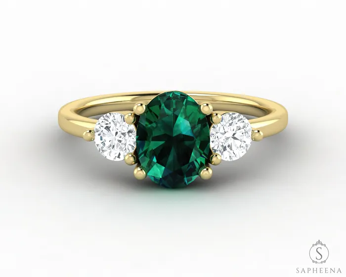 Sapheena Jewelry Orion Three Stone 125 Ct Oval Cut Green Emerald Engagement Ring Rings