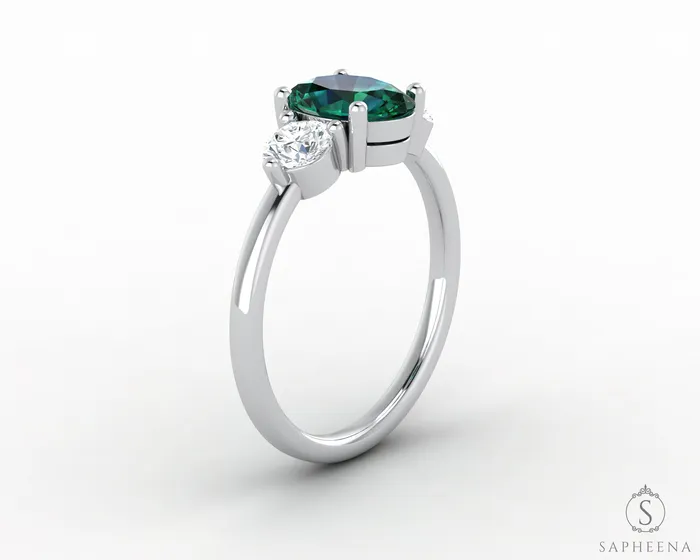 Sapheena Jewelry Orion Three Stone 125 Ct Oval Cut Green Emerald Engagement Ring Rings