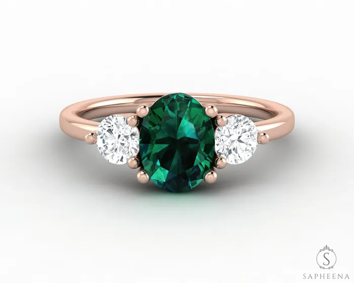 Sapheena Jewelry Orion Three Stone 125 Ct Oval Cut Green Emerald Engagement Ring Rings