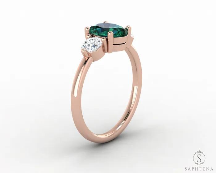 Sapheena Jewelry Orion Three Stone 125 Ct Oval Cut Green Emerald Engagement Ring Rings