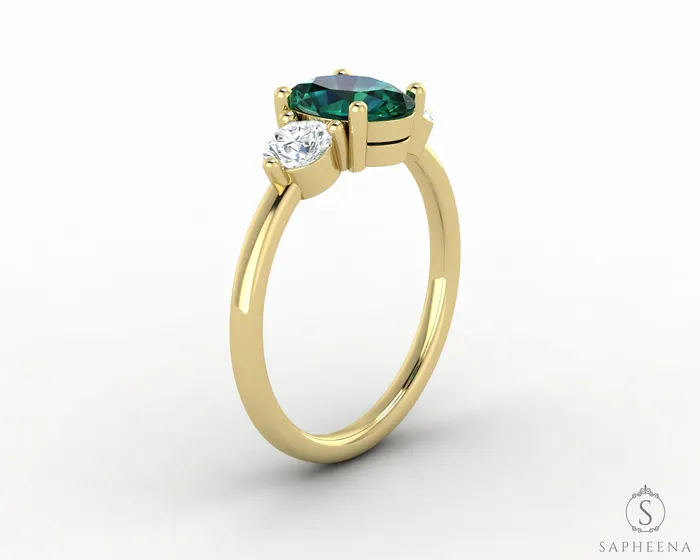 Sapheena Jewelry Orion Three Stone 125 Ct Oval Cut Green Emerald Engagement Ring Rings