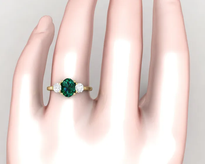 Sapheena Jewelry Orion Three Stone 125 Ct Oval Cut Green Emerald Engagement Ring Rings
