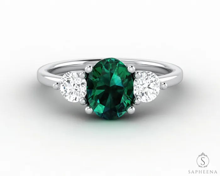 Sapheena Jewelry Orion Three Stone 125 Ct Oval Cut Green Emerald Engagement Ring Rings