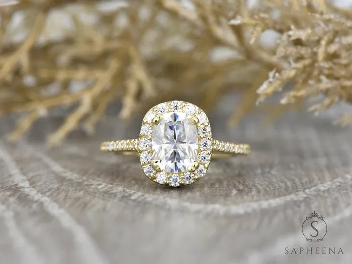Sapheena Jewelry Rings Aureola 15 Ct Elongated Cushion Cut Halo Engagement Ring with Side Stones