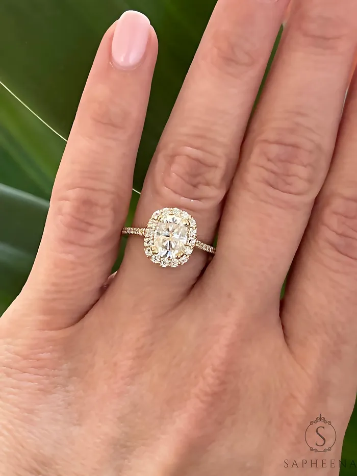 Sapheena Jewelry Rings Aureola 15 Ct Elongated Cushion Cut Halo Engagement Ring with Side Stones