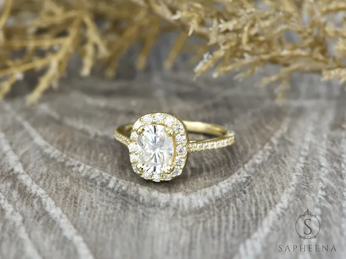 Sapheena Jewelry Rings Aureola 15 Ct Elongated Cushion Cut Halo Engagement Ring with Side Stones