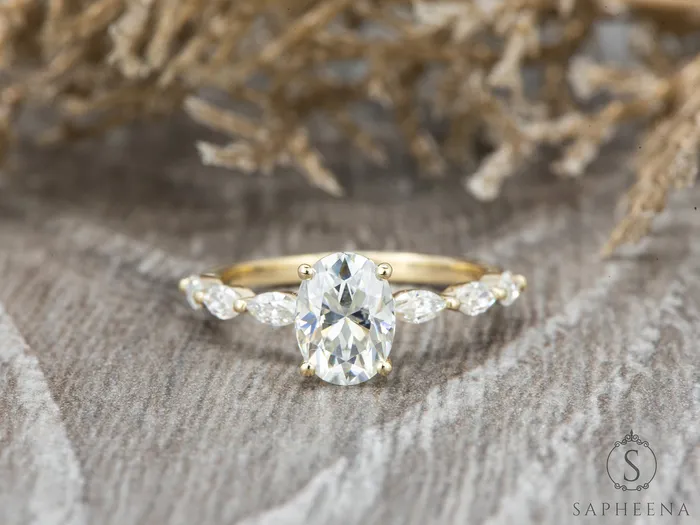 Sapheena Jewelry Rings Giulia 10 Ct Oval Cut Engagement Ring With Marquise Side Stones