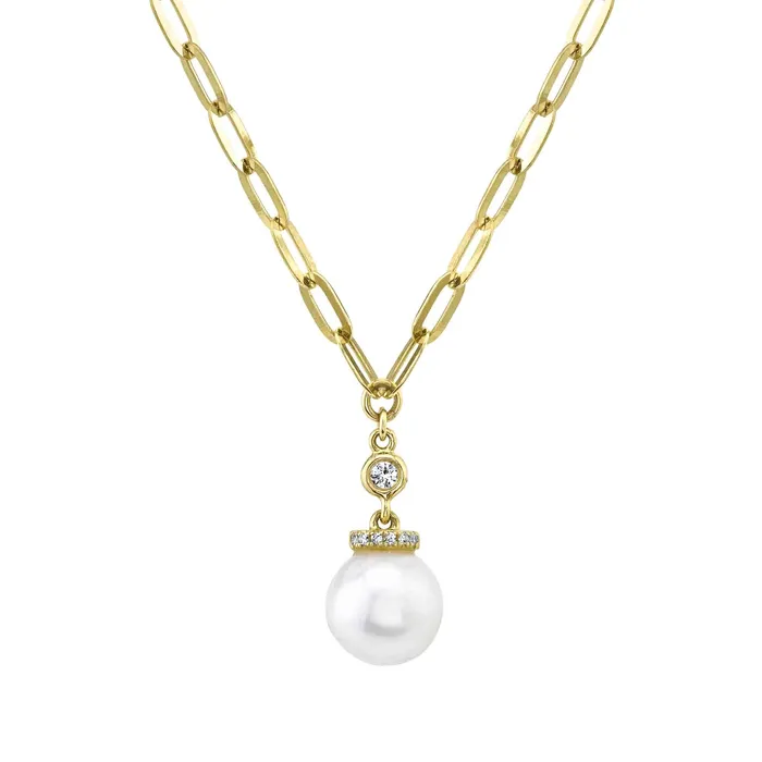 SHY CREATION Pearl Diamond Pendant on Paperclip Chain Necklaces