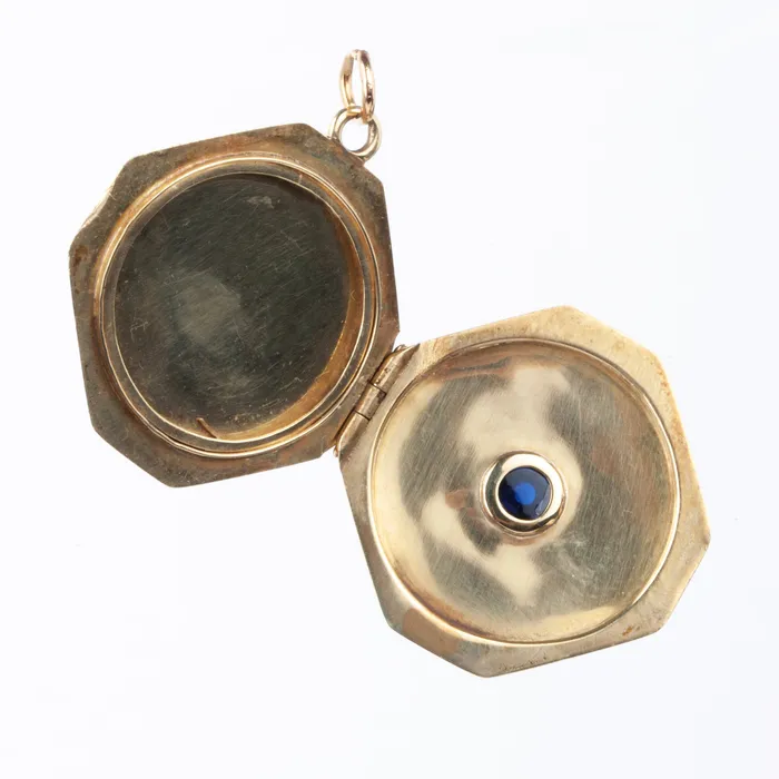 Turn of the century gold sapphire locket Bell Bird Antiques Necklaces