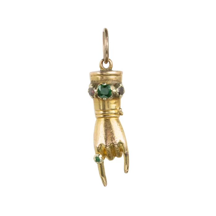 Victorian era Mano Cornuto Gemstone Hand Pendant Bell Bird Antiques Necklaces Victorian era Mano Cornuto Gemstone Hand Pendant Bell Bird Antiques Necklaces