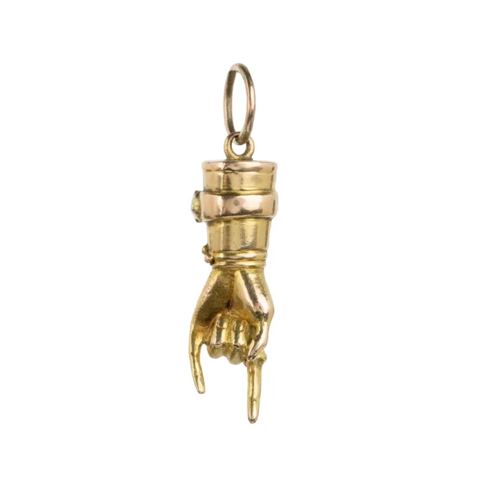 Victorian era Mano Cornuto Gemstone Hand Pendant Bell Bird Antiques Necklaces
