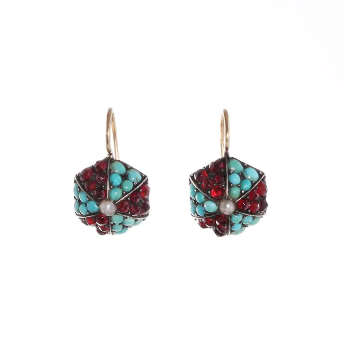 Victorian Era Turquoise Garnet Earrings Bell Bird Antiques Earrings