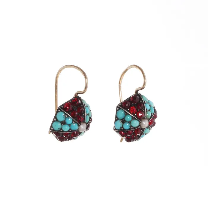 Victorian Era Turquoise Garnet Earrings Bell Bird Antiques Earrings