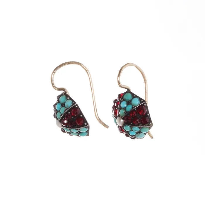 Victorian Era Turquoise Garnet Earrings Bell Bird Antiques Earrings