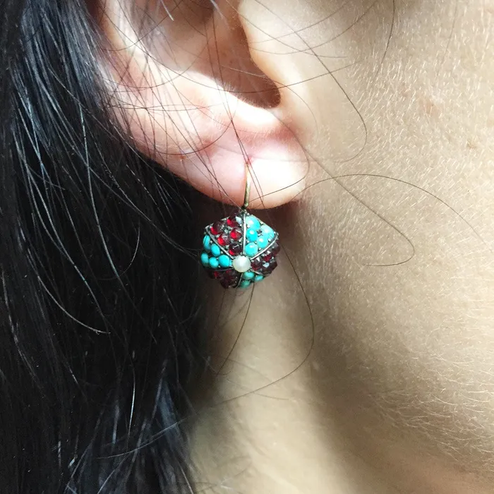 Victorian Era Turquoise Garnet Earrings Bell Bird Antiques Earrings