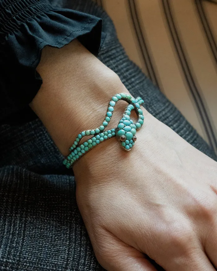 Victorian Era Turquoise Snake Bracelet Bell Bird Antiques Bracelets