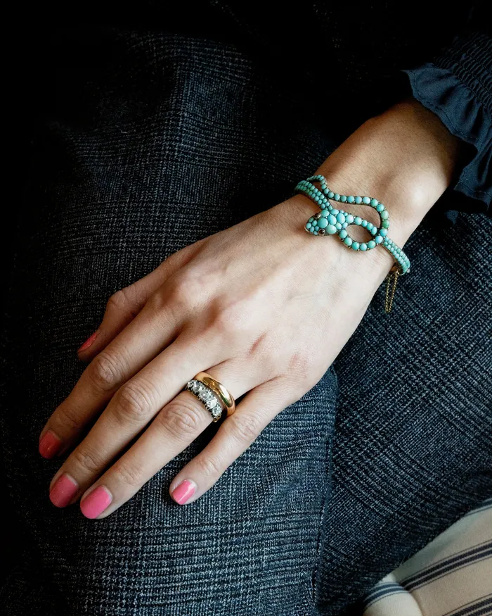 Victorian Era Turquoise Snake Bracelet Bell Bird Antiques Bracelets